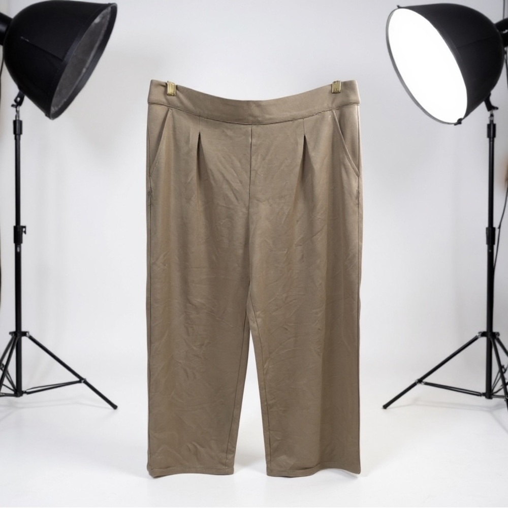 Max Studio London Taupe Pleated Wide Leg Pull-On Pants Stretch